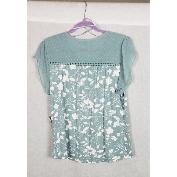 Daniel Rainn Blouse Top L Green White Floral Boho Tassel Tie Dainty Feminine - Picture 2 of 10